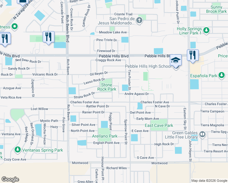 map of restaurants, bars, coffee shops, grocery stores, and more near 2625 Snowy Rock Place in El Paso