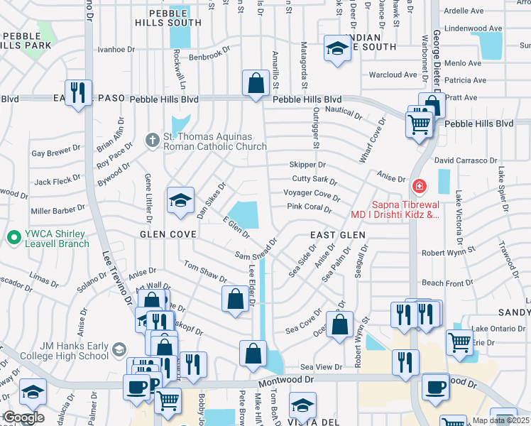 map of restaurants, bars, coffee shops, grocery stores, and more near 2425 Red Sails Drive in El Paso