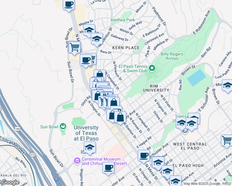 map of restaurants, bars, coffee shops, grocery stores, and more near 444 East Robinson Avenue in El Paso