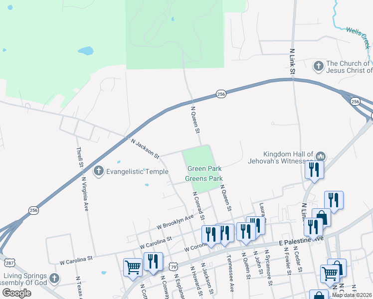 map of restaurants, bars, coffee shops, grocery stores, and more near 503 North Queen Street in Palestine