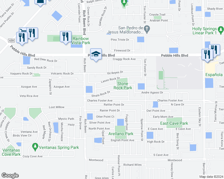 map of restaurants, bars, coffee shops, grocery stores, and more near 14231 Strata Rock Drive in El Paso