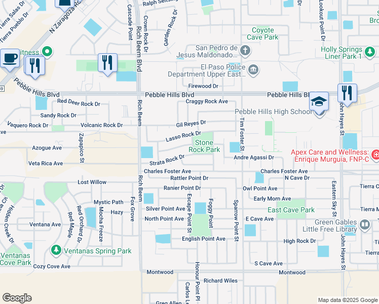 map of restaurants, bars, coffee shops, grocery stores, and more near 14235 Strata Rock Drive in El Paso