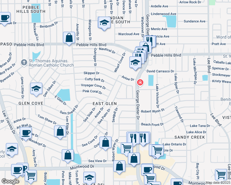 map of restaurants, bars, coffee shops, grocery stores, and more near 2500 Sea Palm Drive in El Paso