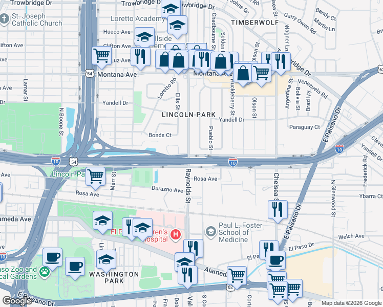 map of restaurants, bars, coffee shops, grocery stores, and more near 500 Raynolds Street in El Paso