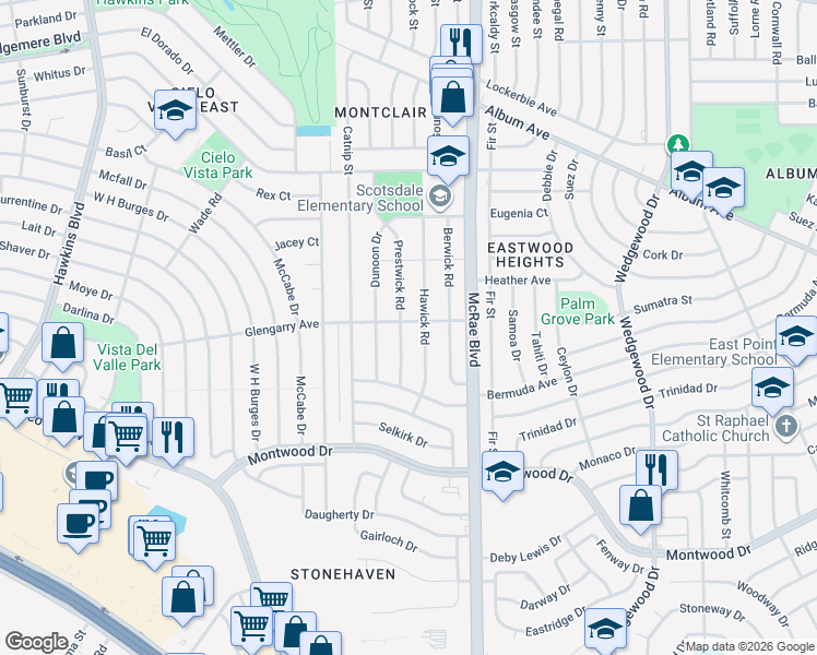 map of restaurants, bars, coffee shops, grocery stores, and more near 2641 Prestwick Road in El Paso