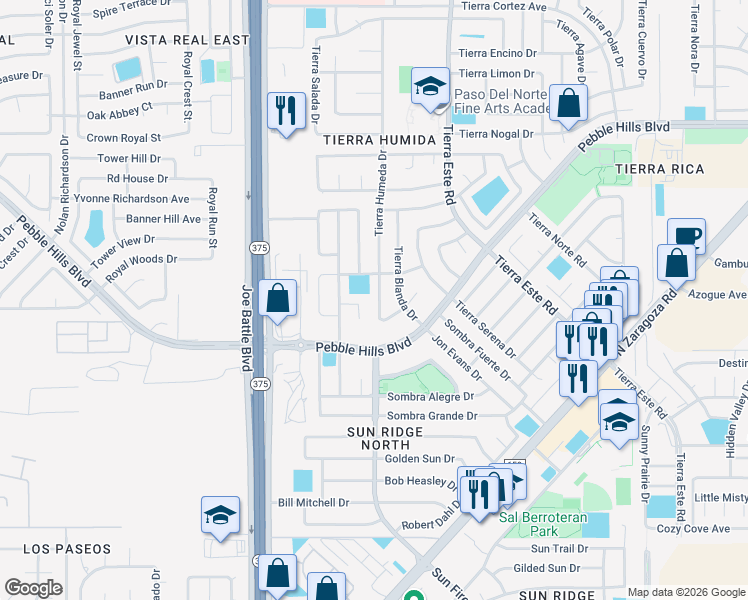map of restaurants, bars, coffee shops, grocery stores, and more near 2259 Tierra Humeda Drive in El Paso