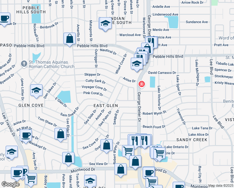 map of restaurants, bars, coffee shops, grocery stores, and more near 2500 Sea Palm Drive in El Paso