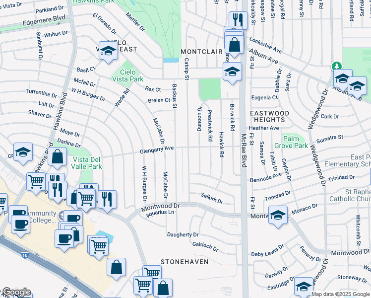 map of restaurants, bars, coffee shops, grocery stores, and more near 2640 Catnip Street in El Paso