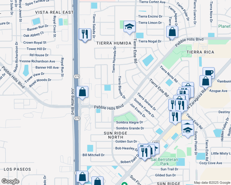 map of restaurants, bars, coffee shops, grocery stores, and more near 2274 Tierra Humeda Drive in El Paso