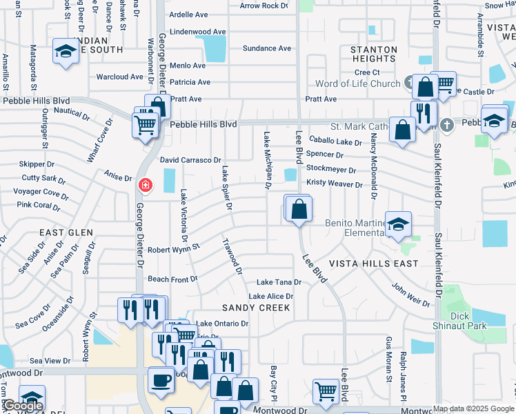 map of restaurants, bars, coffee shops, grocery stores, and more near 11432 Lake Geneva Drive in El Paso