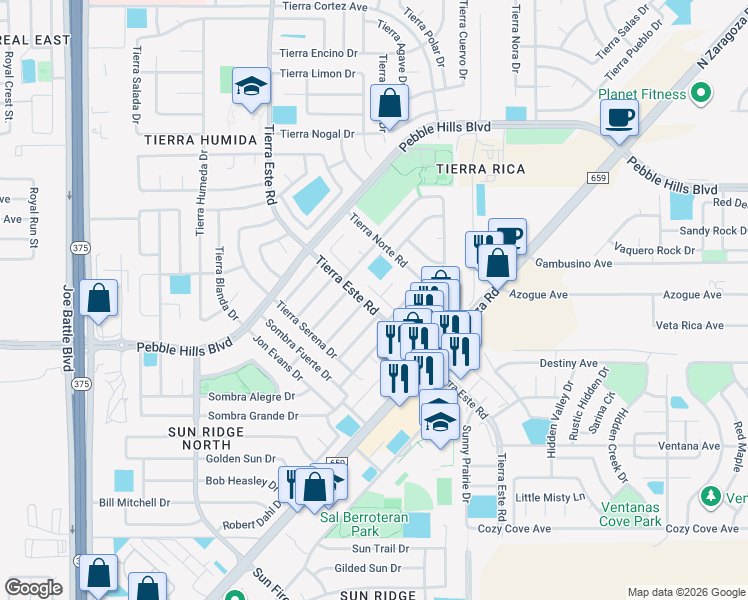 map of restaurants, bars, coffee shops, grocery stores, and more near 2261 Tierra De Oro Way in El Paso