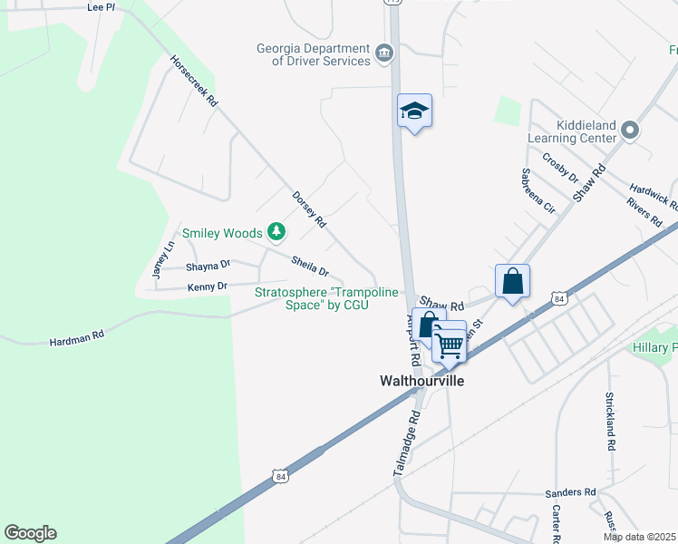 map of restaurants, bars, coffee shops, grocery stores, and more near 47 Sheila Drive in Hinesville
