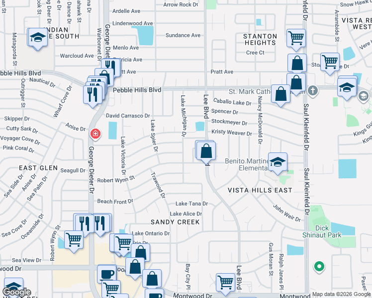 map of restaurants, bars, coffee shops, grocery stores, and more near 11432 Lake Geneva Drive in El Paso