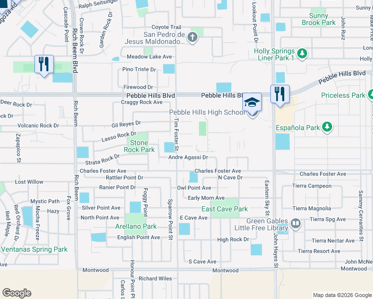 map of restaurants, bars, coffee shops, grocery stores, and more near 14313 Andre Agassi Drive in El Paso