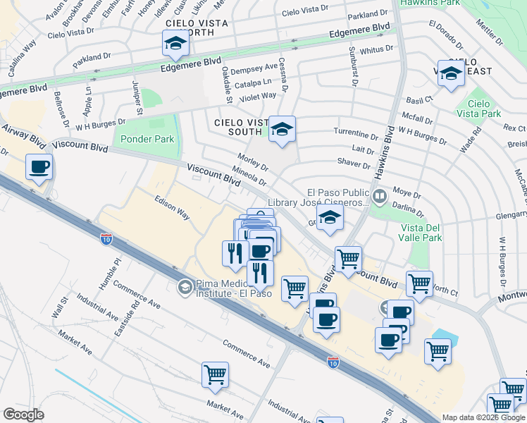 map of restaurants, bars, coffee shops, grocery stores, and more near 8500 Viscount Boulevard in El Paso