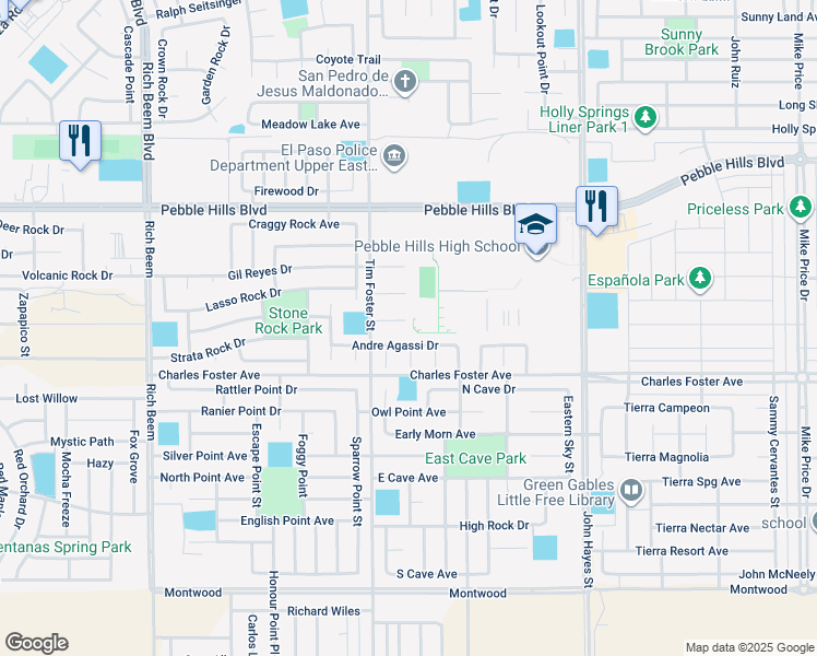 map of restaurants, bars, coffee shops, grocery stores, and more near 14313 Andre Agassi Drive in El Paso