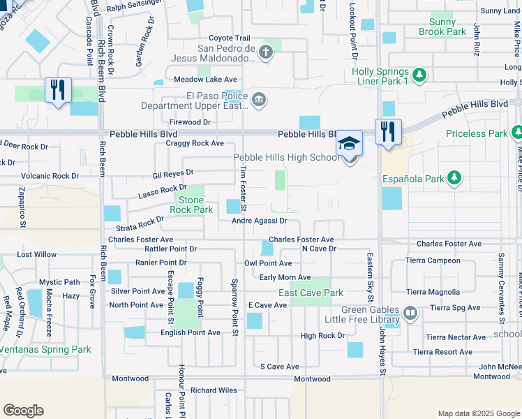 map of restaurants, bars, coffee shops, grocery stores, and more near 14313 Andre Agassi Drive in El Paso