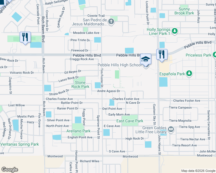 map of restaurants, bars, coffee shops, grocery stores, and more near 14313 Andre Agassi Drive in El Paso