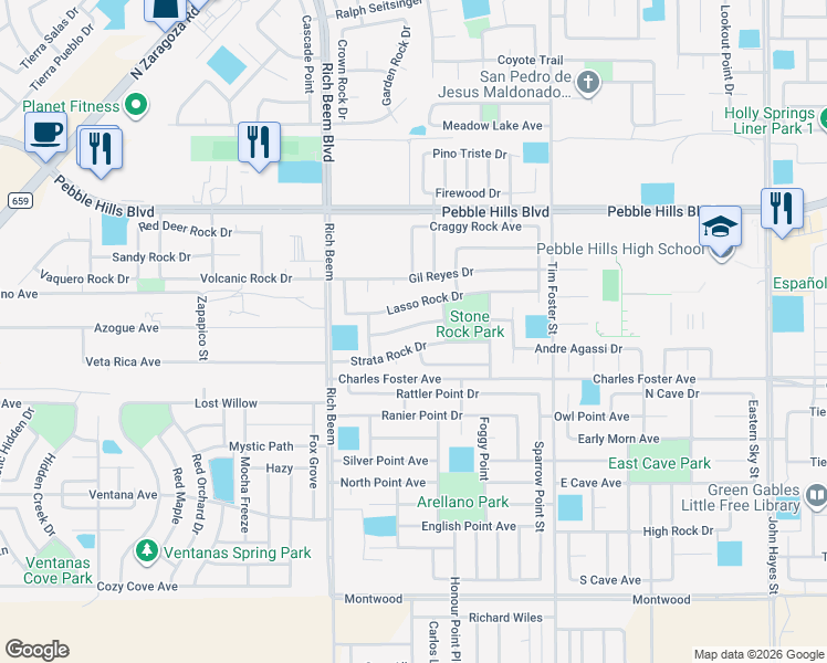 map of restaurants, bars, coffee shops, grocery stores, and more near 14200 Strata Rock Drive in El Paso