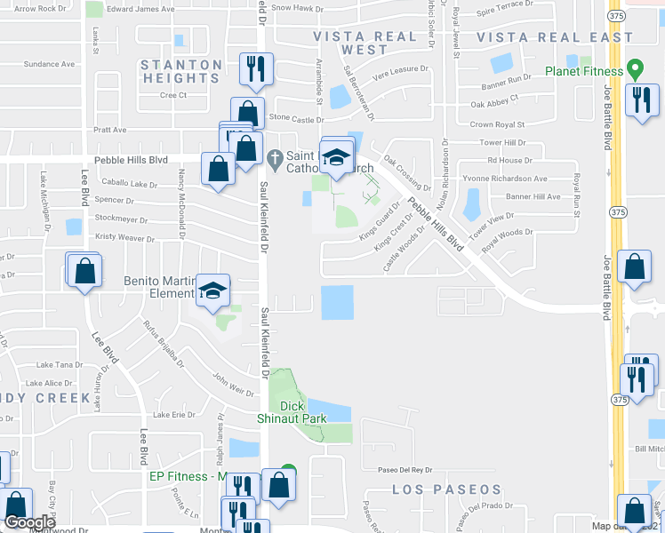 map of restaurants, bars, coffee shops, grocery stores, and more near 11932 Royal Woods Drive in El Paso