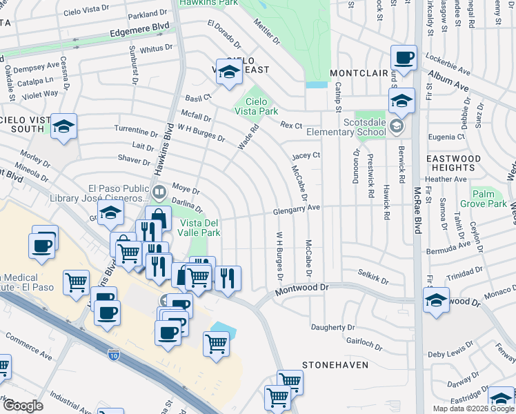 map of restaurants, bars, coffee shops, grocery stores, and more near 9200 Lait Drive in El Paso