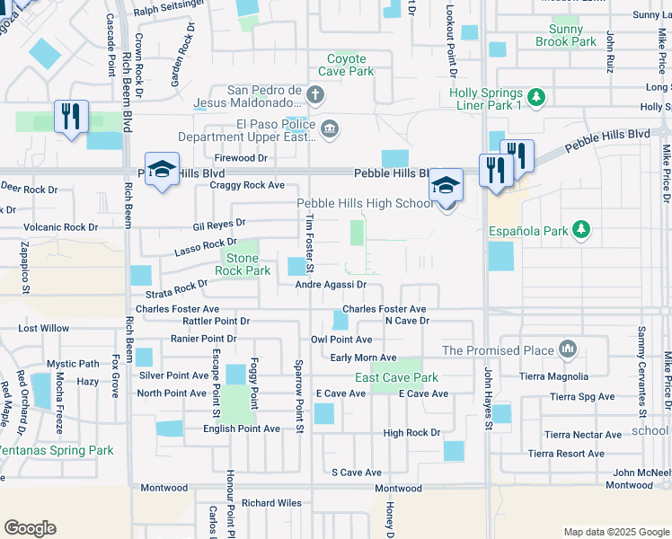map of restaurants, bars, coffee shops, grocery stores, and more near 14313 Andre Agassi Drive in El Paso