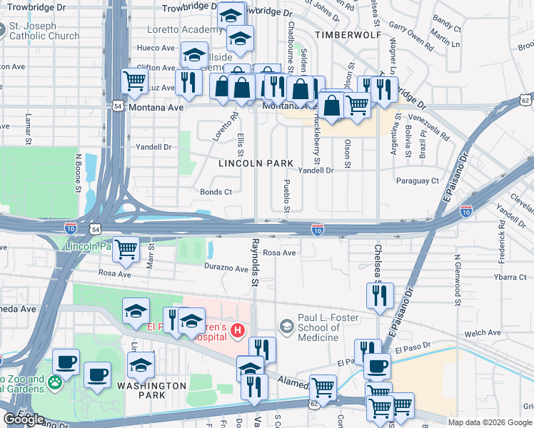 map of restaurants, bars, coffee shops, grocery stores, and more near 500 Raynolds Street in El Paso