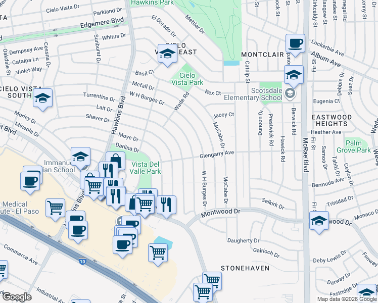 map of restaurants, bars, coffee shops, grocery stores, and more near 9160 Turrentine Drive in El Paso