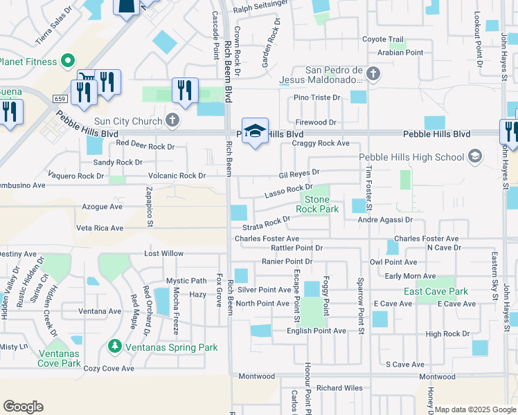map of restaurants, bars, coffee shops, grocery stores, and more near 14203 Poets Rock Lane in El Paso