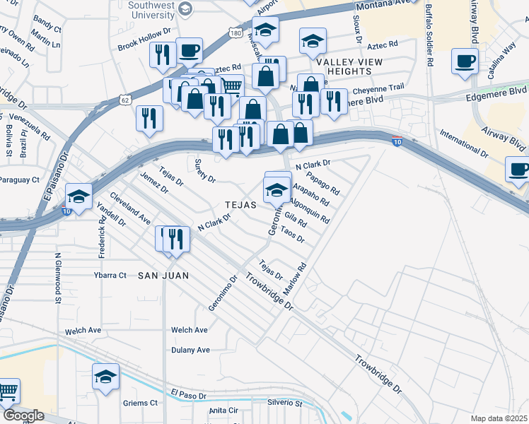 map of restaurants, bars, coffee shops, grocery stores, and more near 6134 Taos Drive in El Paso