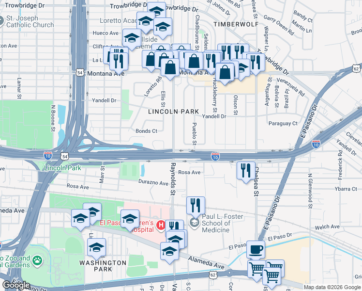 map of restaurants, bars, coffee shops, grocery stores, and more near 500 Raynolds Street in El Paso