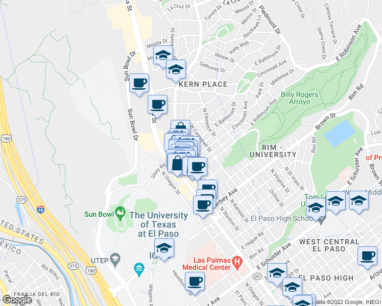 map of restaurants, bars, coffee shops, grocery stores, and more near 2611 North Kansas Street in El Paso