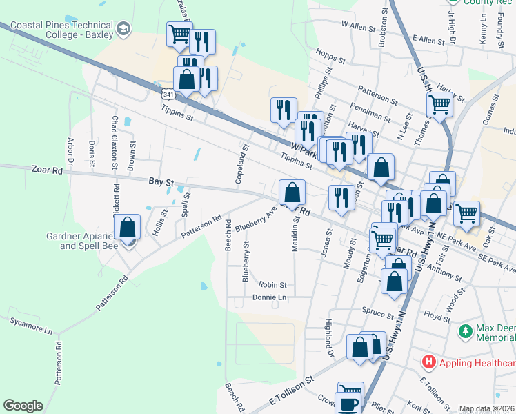 map of restaurants, bars, coffee shops, grocery stores, and more near 132 Blueberry Avenue in Baxley