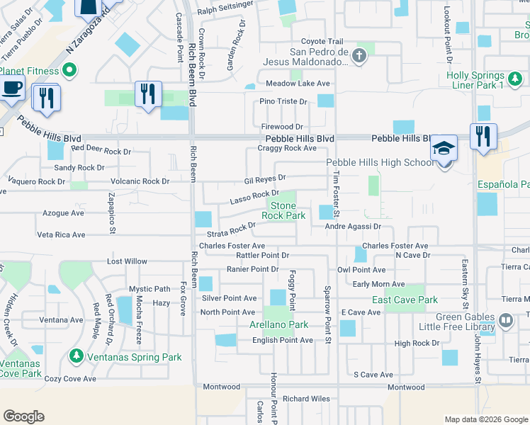 map of restaurants, bars, coffee shops, grocery stores, and more near 14200 Strata Rock Drive in El Paso