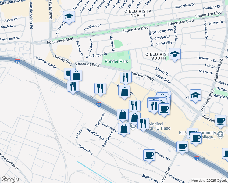 map of restaurants, bars, coffee shops, grocery stores, and more near 7001 Gateway Boulevard West in El Paso