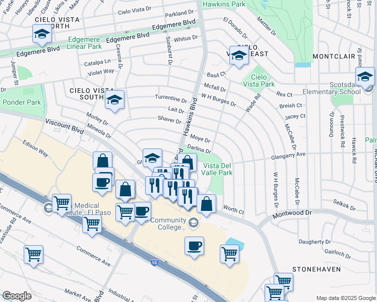 map of restaurants, bars, coffee shops, grocery stores, and more near 1300 Hawkins Boulevard in El Paso