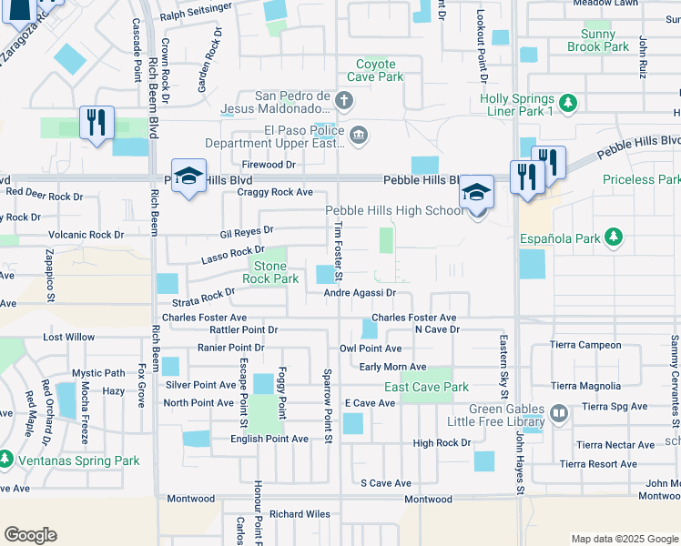 map of restaurants, bars, coffee shops, grocery stores, and more near 2708 Granite Rock Place in El Paso