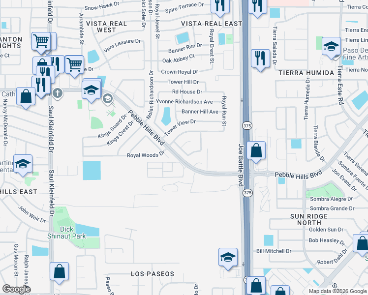 map of restaurants, bars, coffee shops, grocery stores, and more near 12116 Royal Woods Drive in El Paso