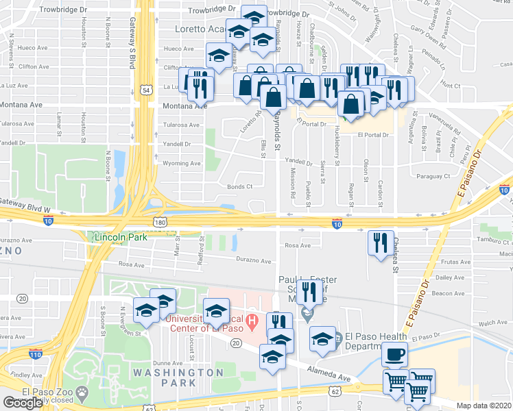 map of restaurants, bars, coffee shops, grocery stores, and more near 4638 Bonds Court in El Paso