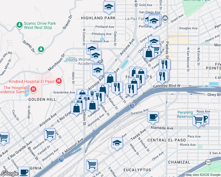 map of restaurants, bars, coffee shops, grocery stores, and more near 2228 Grant Avenue in El Paso