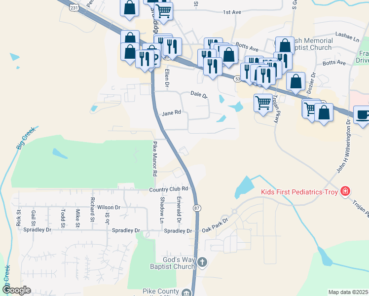 map of restaurants, bars, coffee shops, grocery stores, and more near 101 Ruth Road in Troy
