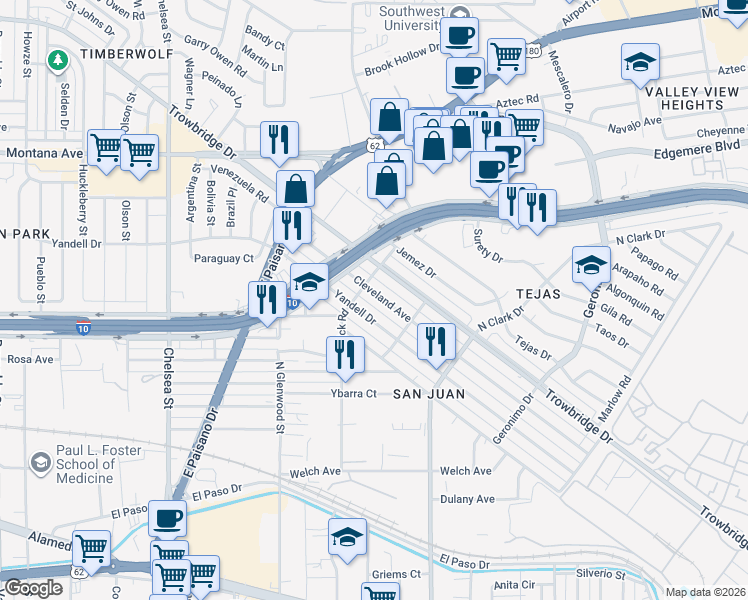 map of restaurants, bars, coffee shops, grocery stores, and more near 5910 Trowbridge Drive in El Paso
