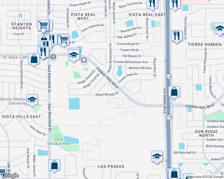 map of restaurants, bars, coffee shops, grocery stores, and more near 12053 Castle Keep Circle in El Paso