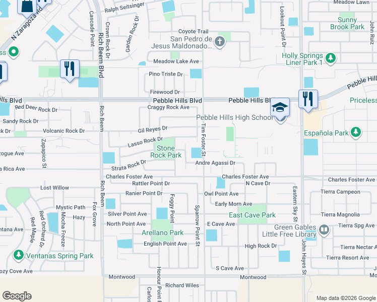 map of restaurants, bars, coffee shops, grocery stores, and more near 2648 Snowy Rock Place in El Paso