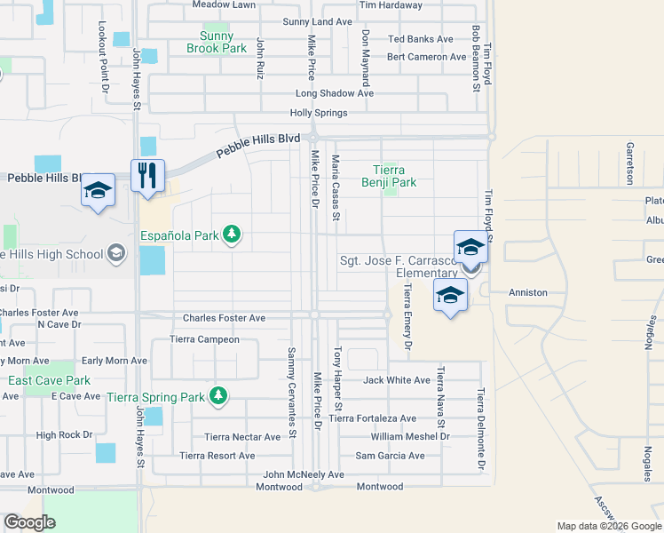 map of restaurants, bars, coffee shops, grocery stores, and more near 2721 Maria Casas Street in El Paso