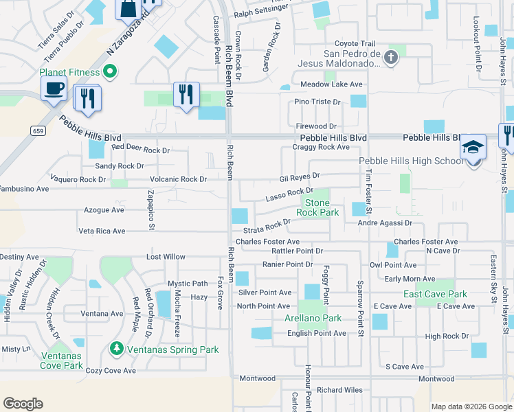 map of restaurants, bars, coffee shops, grocery stores, and more near 14209 Lasso Rock Drive in El Paso