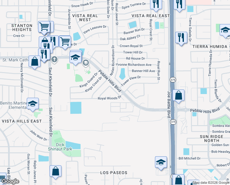 map of restaurants, bars, coffee shops, grocery stores, and more near 12053 Castle Keep Circle in El Paso