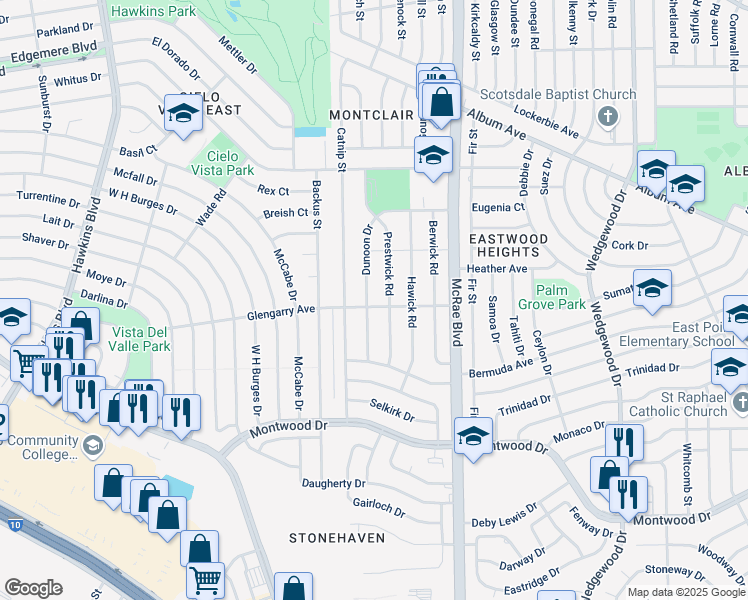 map of restaurants, bars, coffee shops, grocery stores, and more near 2713 Prestwick Road in El Paso