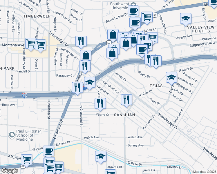 map of restaurants, bars, coffee shops, grocery stores, and more near 5910 Trowbridge Drive in El Paso