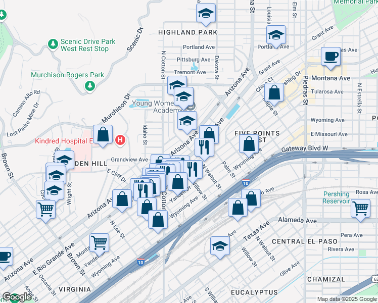 map of restaurants, bars, coffee shops, grocery stores, and more near 2200 Arizona Avenue in El Paso